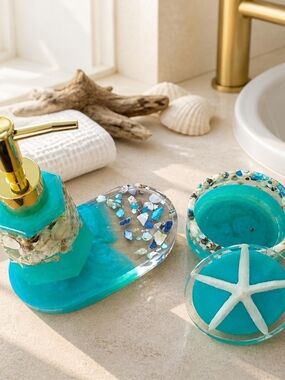 Carribean Blue Resin Bathroom Or Kitchen Set -4 Pieces
